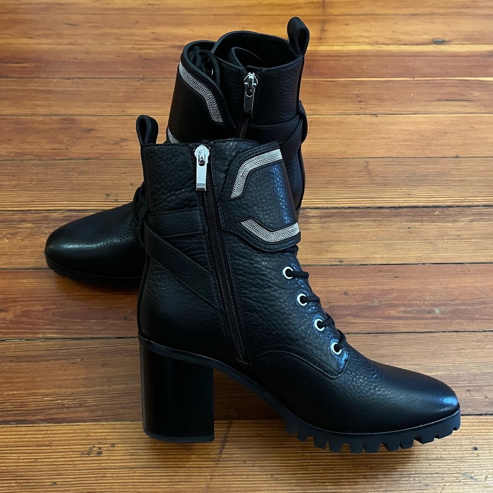 Paige Daphne Heeled Combat Boots Leather Lace Up Lug Sole Army Military Booties - Picture 5 of 7